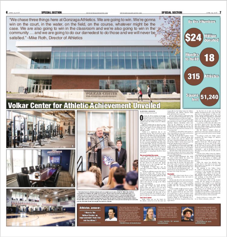 libbykamrowski's tweet photo. Super psyched that we were able to plan a special doubletruck spread giving a look into the new @GonzagaU #Volkar Center. I had a great time designing this for tomorrow’s @GonzagaBulletin so give it some eyes! https://t.co/2aIhnThsFg