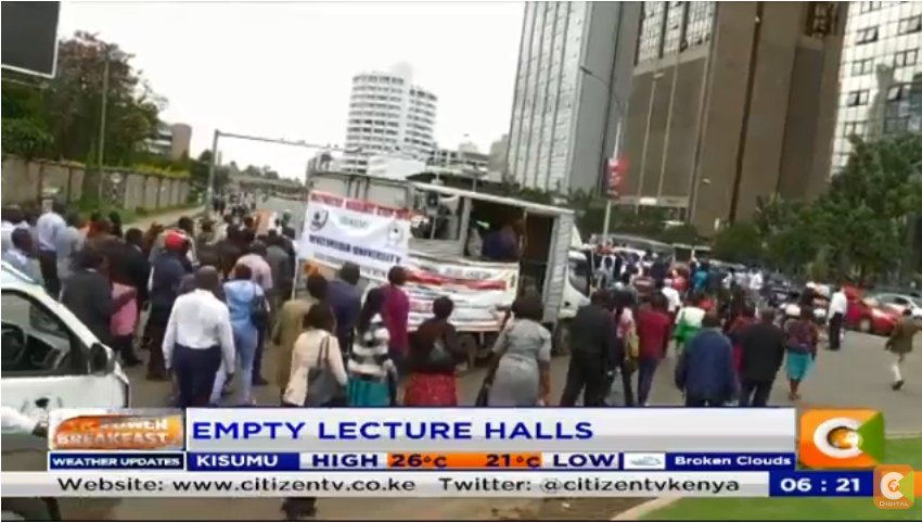 citizentvkenya's tweet photo. Striking lectures hold demos in Nairobi. Lecturers strike now in its 49th day #PowerBreakfast https://t.co/Po333T6AWi