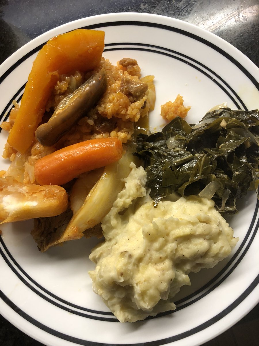 West African fried rice, smoky collard greens and potato salad. Super yummy!