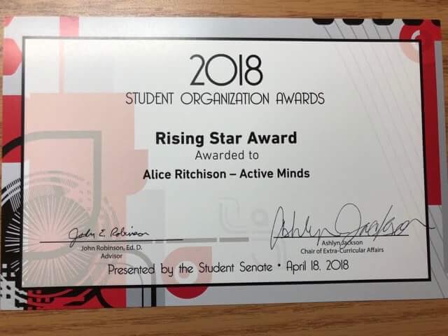 ActiveMindsESU's tweet photo. Active Minds ESU is proud to announce that we were awarded Club of the Year at our Student Organization Awards. Fundraising Chair Alice Ritchison won the Rising Star Award for her dedication. We could not be more thankful for these awards &amp; the impact our club has had on campus. https://t.co/nviIG8Ni1D