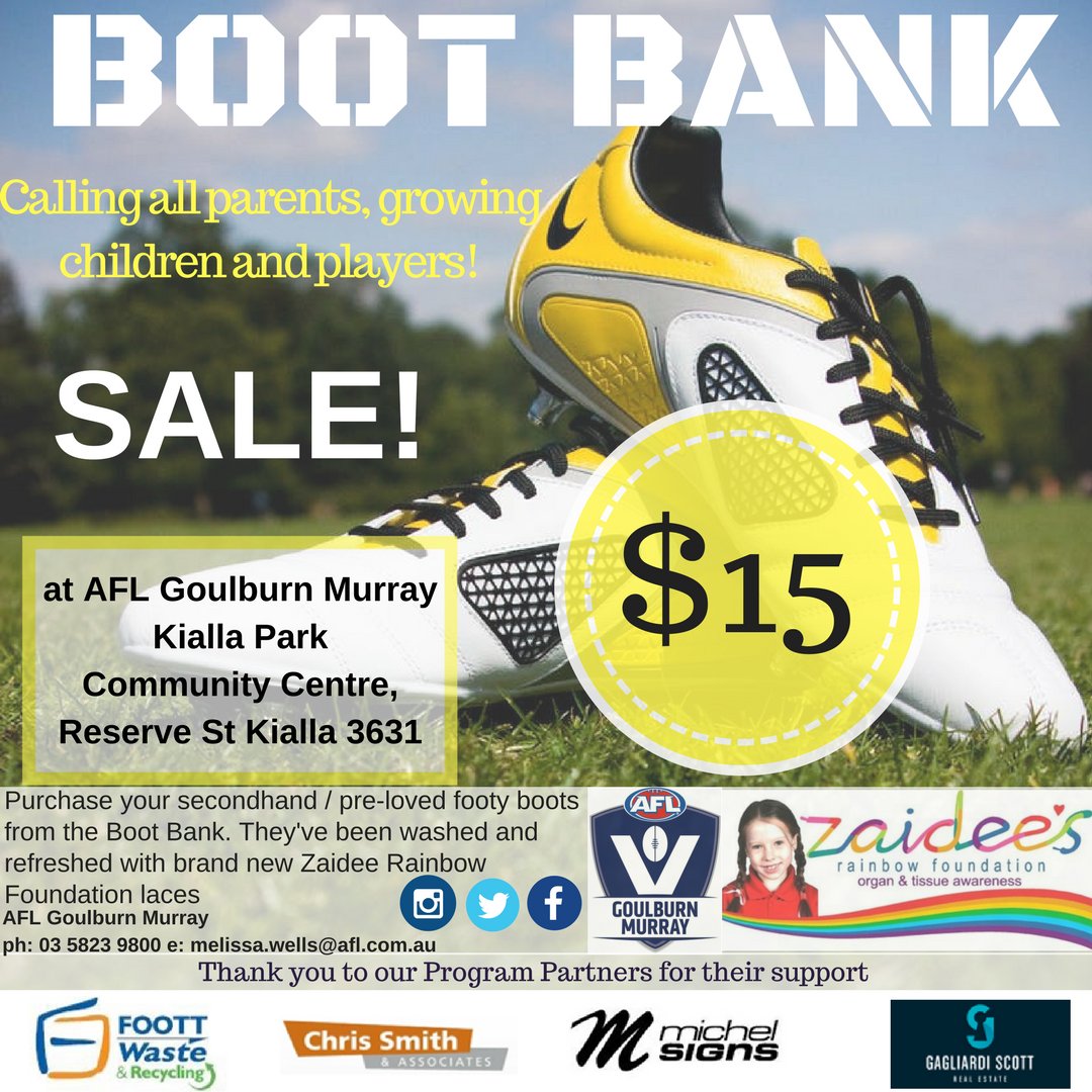 Purchase your secondhand / pre-loved footy boots from the Boot Bank for only $15!
They've been washed and refreshed with brand new Zaidee's Rainbow Foundation laces.
Head down to AFL Goulburn Murray's Office to grab yourself a pair!