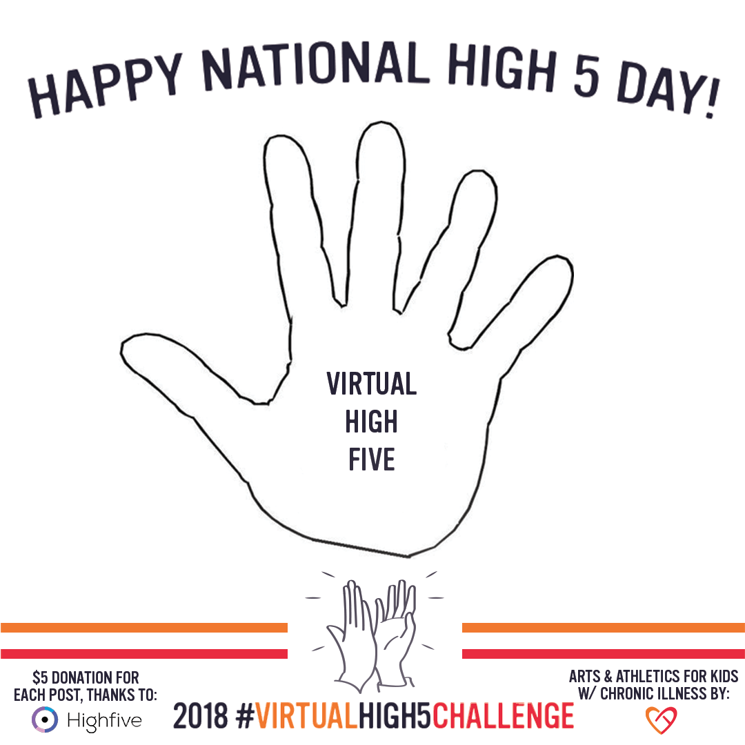 Happy National High Five Day! If you retweet this + tag 5 friends who deserve a virtual high-5, and include the hashtag #VirtualHigh5Challenge, the company @HighfiveHQ will donate $5 to @CoachArtOrg to provide arts & sports & high-5's for kids with illnesses (up to 1,000 posts!)