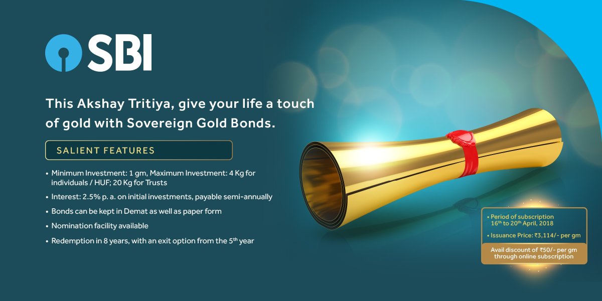 TheOfficialSBI's tweet photo. This Akshaya Tritiya, ring in a new chapter to your savings with Sovereign Gold Bonds. To know more, visit https://t.co/GEQf43DRa4. To apply online visit https://t.co/8O47eWvtH8

#Investment #Interest #Redemption #LoanFacility #Tradability #ZeroRisk #IndexationBenefit #GOI #Gold https://t.co/ae9XcSuCNT