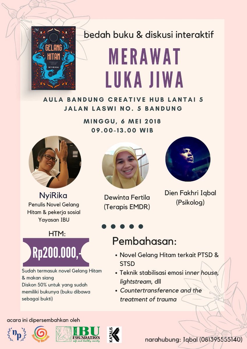 Gimana sih mengangkat pengalaman dari sudut pandang seorang relawan menjadi cerita fiksi? Terus gimana cara mengelola emosi, luka jiwa, mengenali sumber daya jiwa, sampe mengenali dan mengantisipasi "ketularan"? Semuanya bakal dibahas di siniii.. Yuk ramaikan. :D #merawatlukajiwa
