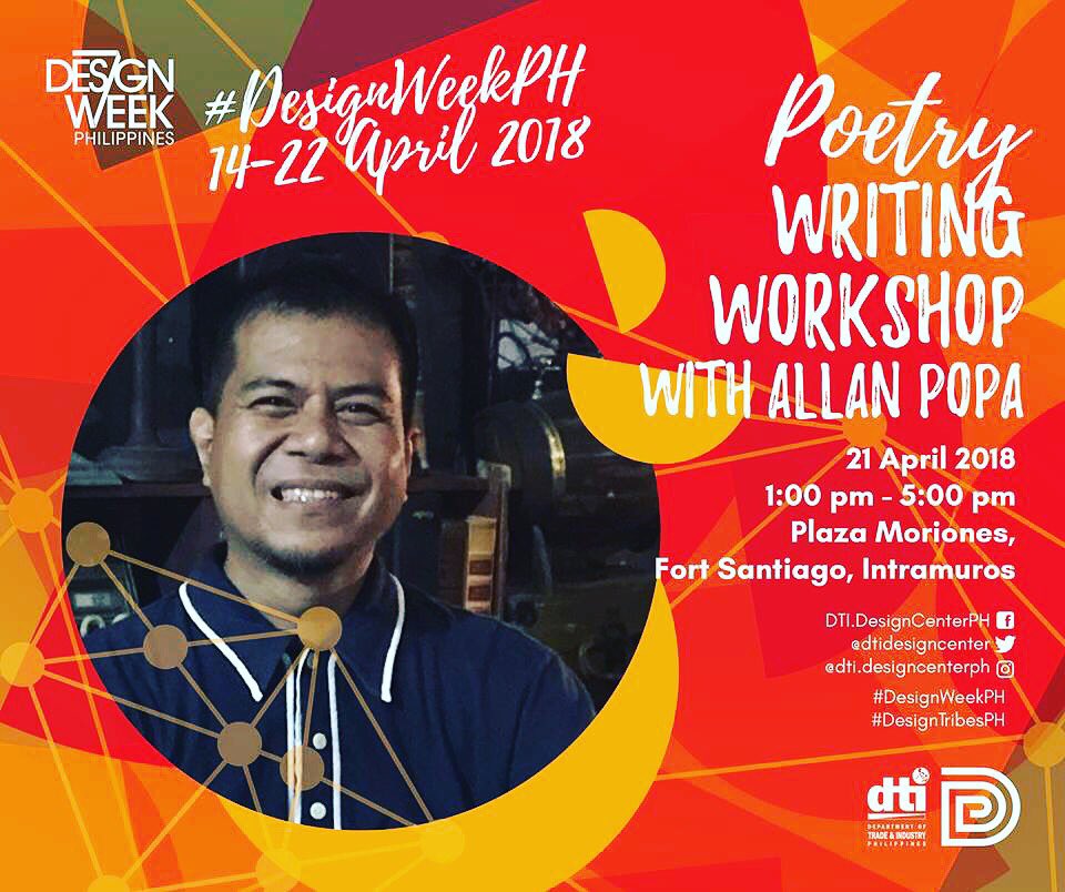 Intramuros's tweet image. Weave your stories through poetry! 

Join our Poetry Writing Workshop facilitated by Allan Popa on 21 April 2018. 

Register for this workshop here: goo.gl/forms/SCHIMR7o… #DesignWeekPH #DesignTribesPH