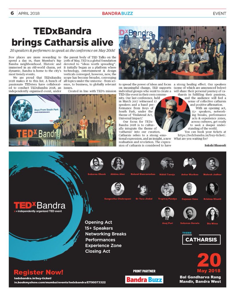TEDxBandra's tweet photo. We were covered today by @bandra_buzz . We are doing the 2nd edition of TEDxBandra on 20th May. We have a vast arrays of speakers lined up with some amazing stories to hear. Register for the event on our website. #TEDxBandra #TEDTalks #TEDIndia #TEDx #TEDxTalks #Bandra https://t.co/SCLlfKhaq8