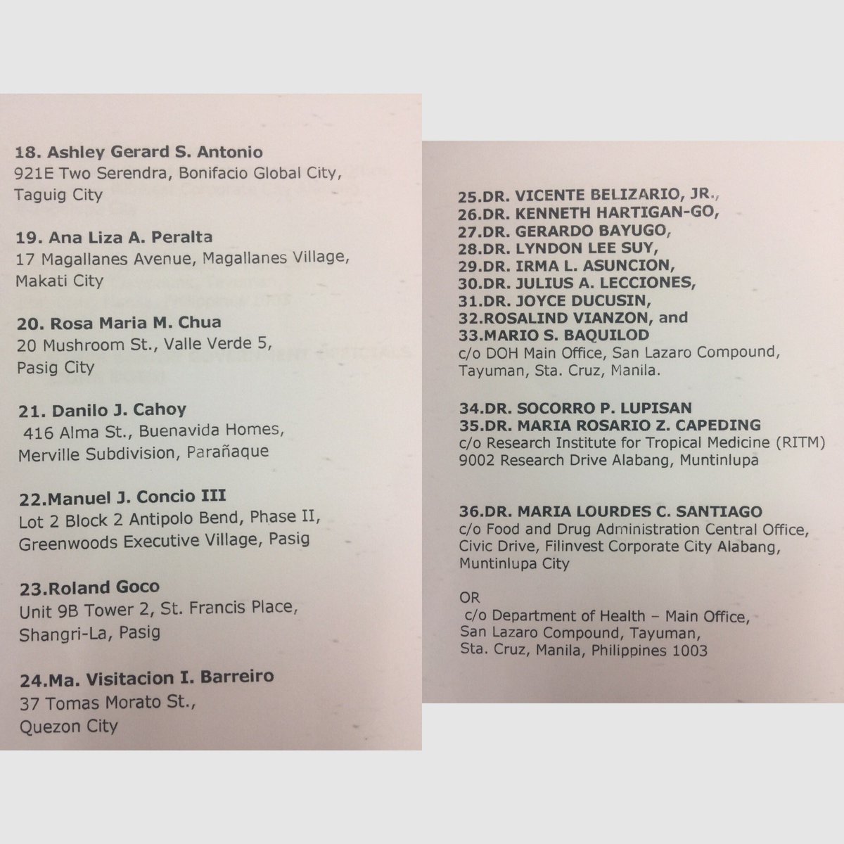 dominicalmelor's tweet photo. Complete list of 37 respondents charged before the Department of Justice over the death of 13 
y/o Abbie Hedia, a #Dengvaxia vaccinee from Muntinlupa. @ABSCBNNews https://t.co/Jiq7OAhxn5
