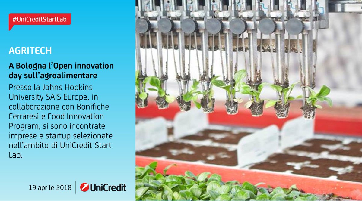 #Agritech: Oggi a #Bologna l'#InnovationDay sull'#agroalimentare 🍲🌽. 8 #startup di #UniCreditStartLab si presentano a potenziali aziende partner e investitori. 📈 | Leggi la #news: goo.gl/qvNC57