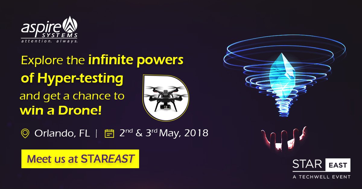 AspireSystems's tweet image. Explore the infinite Testing powers and Get a chance to win a Drone! ter.li/6qg8ml #STAREAST #Hypertesting #booth318