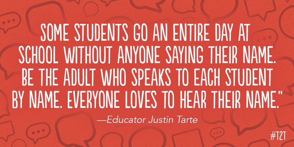 teacher2teacher's tweet photo. You don’t teach subjects, you teach people – and educator @justintarte makes it a goal to call each of those people by name. #WhyITeach https://t.co/xqq7k9JIsg