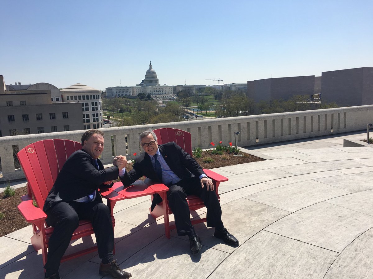gordbrown's tweet photo. At Canadian Embassy in Washington DC with my colleague Hon. Tony Clement MP for Parry Sound Muskoka @TonyclementCPC . We had a busy day of meetings but we took a few minutes to enjoy the view of the Capitol Building and debate 1000 Islands Chairs or Muskoka Chairs. You decide. https://t.co/bK4UOgDOVG