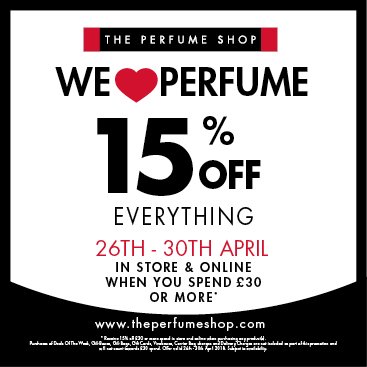 IlacCentre's tweet photo. Check out The Perfume Shop for your fav fragrance this week. 15% off everything from 26-30 April 2018. T&amp;Cs in store. https://t.co/AyTNBqUDFm