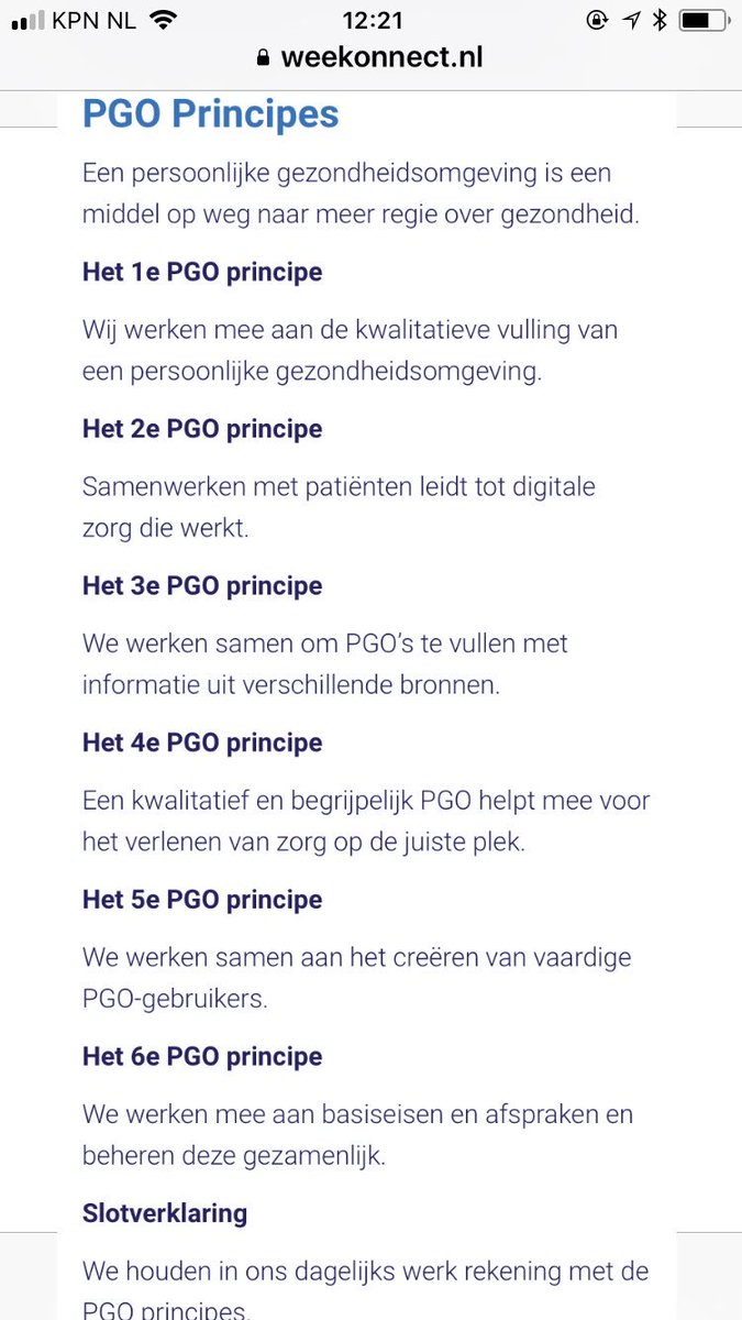 <a href="/Weekonnect/">Weekonnect</a> <a href="/IKONE_nl/">IKONE</a> <a href="/MedMij/">Stichting MedMij</a> @eerstelijnInEen @GGZNEDERLAND <a href="/nvzziekenhuizen/">NVZ</a> @SamenBeter_org <a href="/Zelfzorgonderst/">Zelfzorg Ondersteund</a> <a href="/VitaalThuis/">Vitaal Thuis</a> <a href="/MinVWS/">Ministerie van VWS</a> <a href="/egerrit/">Erik Gerritsen</a> @bartbrandenburg Dank voor de zes PGO principes! We omarmen ze en hopen dat veel zorgorganisatie en ICT-bedrijven zich conformeren!