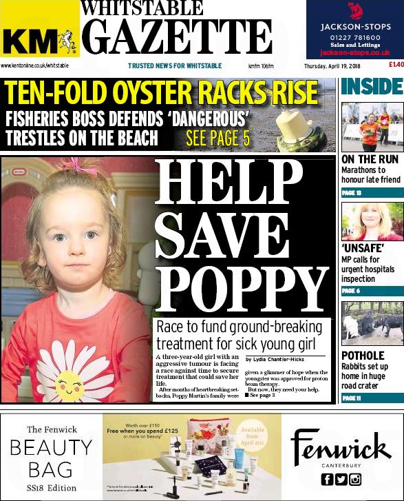 WhitstableKM's tweet photo. Mum's race to fund 3-year-old's 
tumour treatment, fishery boss defends ten-fold rise in oyster racks, and the changing face of the town's pub scene - all in this week's Whitstable Gazette. https://t.co/7FYVAIPEOd