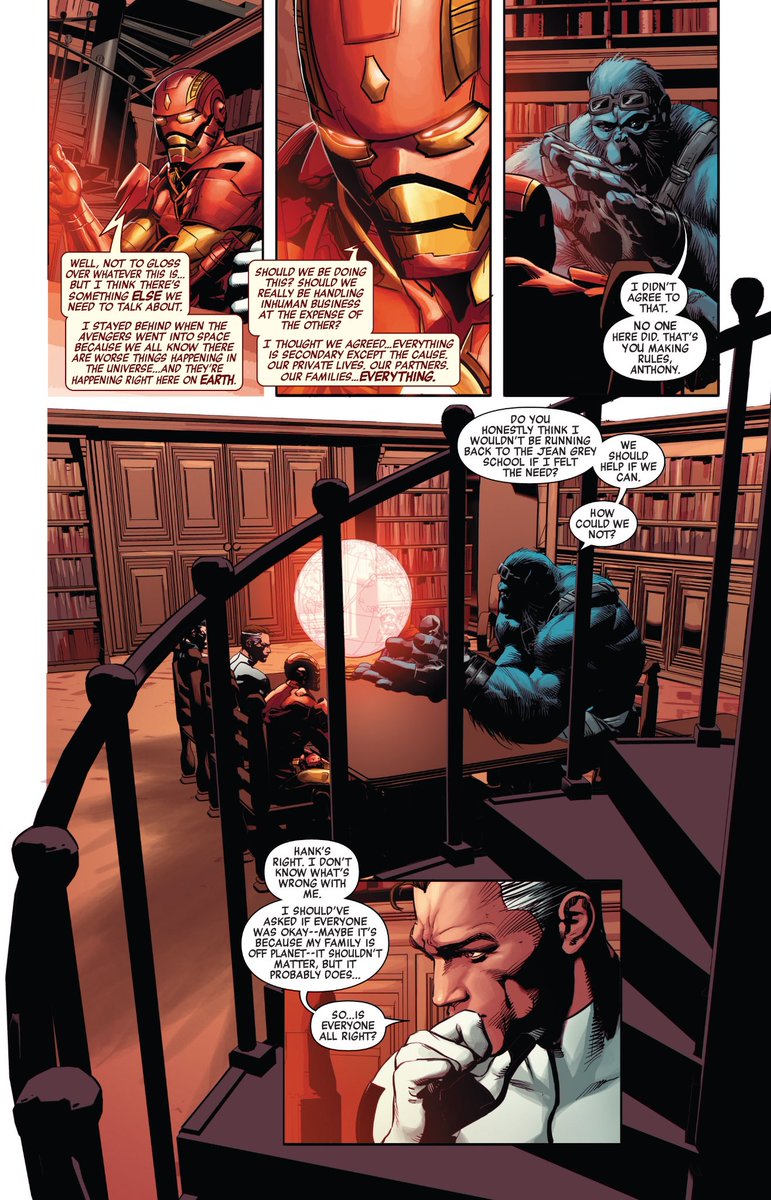 This is an irony to which Hickman returns repeatedly in "New Avengers." These characters task themselves with saving the multiverse, but cannot see past their own tribes.Namor with Atlantis, T'Challa with Wakanda, Reed with his family, Beast with his species.(NA #10.)
