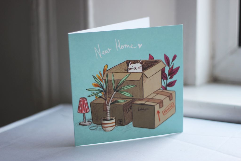 What a sweet card - loads of cardboard boxes, a cute cat and the plants.  What a lovely way to wish your pals luck in their new home.

The inside of the card is blank for your own message.

#newhome #housewarming #cards #coolcards #newhomecard #catinabox