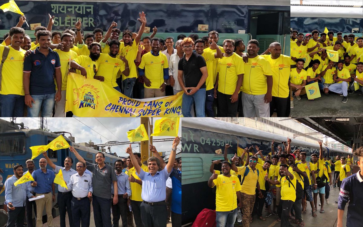 Xpress_Sports's tweet photo. Whistle on wheels. CSK fans off to Pune on chartered train for Apr 20 game vs RR. Southern Rly providing 13 coaches + 1 ac coach for 1000 fans on special arrangement. All cost CSK. Similar trips for other home games in Pune planned. First of its kind  #CSK #cskfananthem #IPL2018 https://t.co/1pBFZupP3z