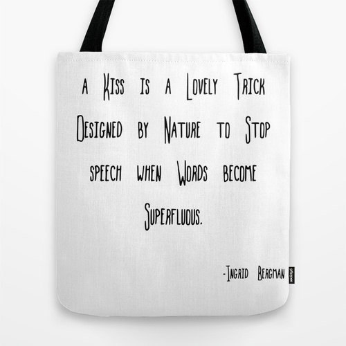 RandomOasis's tweet image. New Listing: Ingrid Bergman A Kiss is a Lovely Quote Tote Bag, Black and White, Custom Color by RandomOasis, ift.tt/2bgAmC2