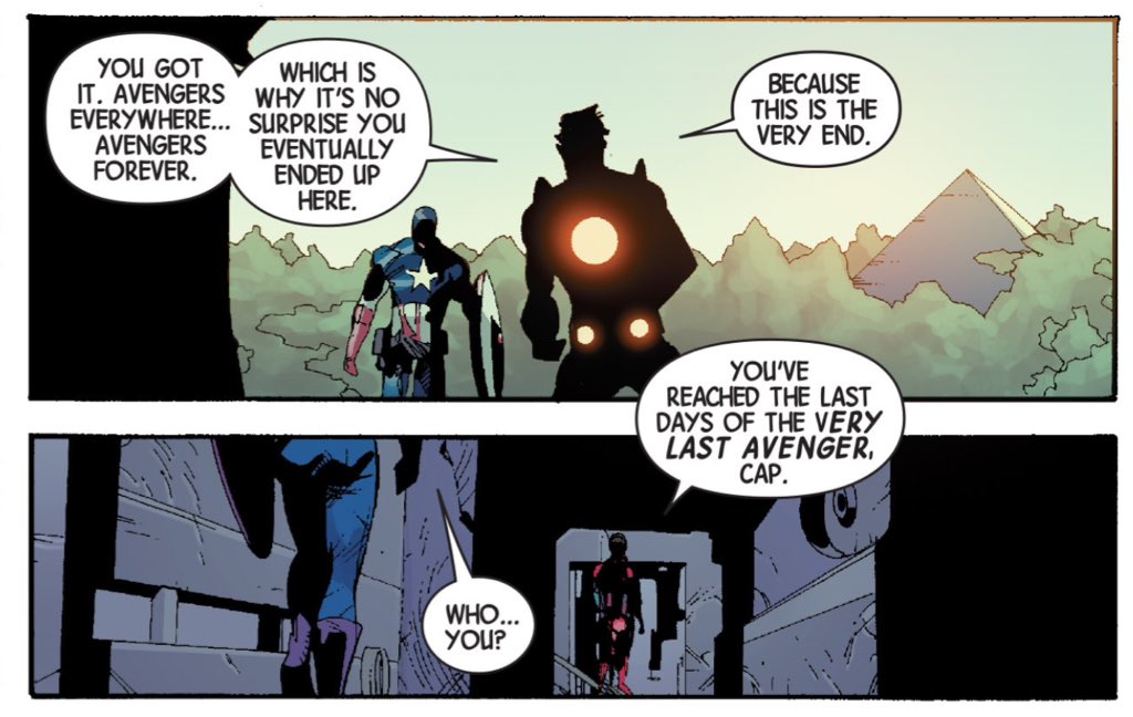 Hickman's "Avengers" run really does synthesise a lot of Marvel history, even before the reader gets to "Battleworld", it feels like the characters are navigating an obstacle course of their own history.Civil War. The Illuminati. Here, "Avengers Forever."(Avengers #34.)