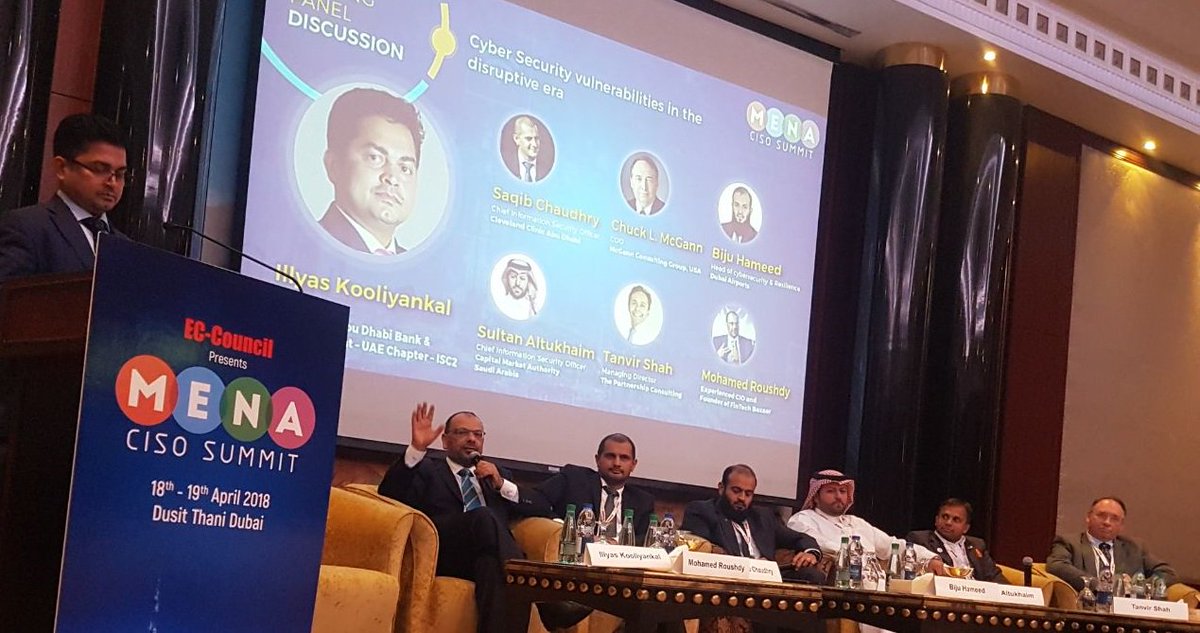 ECCOUNCIL's tweet photo. Panel Discussion by Biju Hameed @DubaiAirports, Tanvir Shah, @Altukhaim, Saqib Chaudhry @ClevelandClinic, Chuck McGann @LearningTree, Mohamed Roushdy on Cyber Securities vulnerabilities in the Disruptive Era at the #MENACISOSUMMIT
#ECCOUNCIL #cybersecurity #menasecurity #GDPR https://t.co/lasX2dswUg