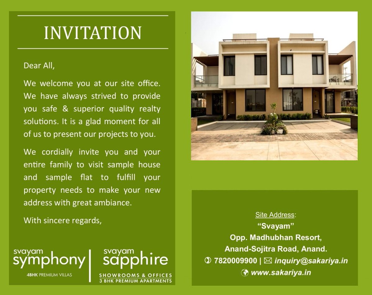 sakariya_group's tweet photo. INVITATION...!!
We cordially invite you to visit sample house to fulfill your property needs. #SvayamSymphony #SvayamSapphire #Anand #SampleHouse #SakariyaGroup https://t.co/5NHZFqDXfE
