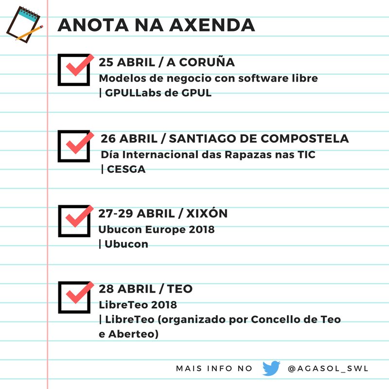A próxima semana, cargadiña de eventos | Con <a href="/gpul_/">GPUL</a> <a href="/CESGA_/">CESGA</a> @ubuconeurope18 e <a href="/LibreTeo/">LibreTeo</a>