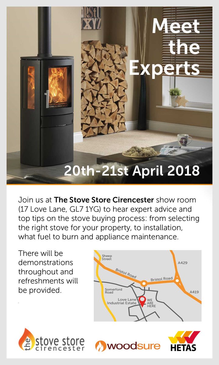 We're opening our doors tomorrow and
Saturday to showcase our latest stoves and
answer your burning questions with <a href="/hetas_uk/">HETAS</a>
&amp; @woodsurefuel - visit us on Love Lane in
Cirencester