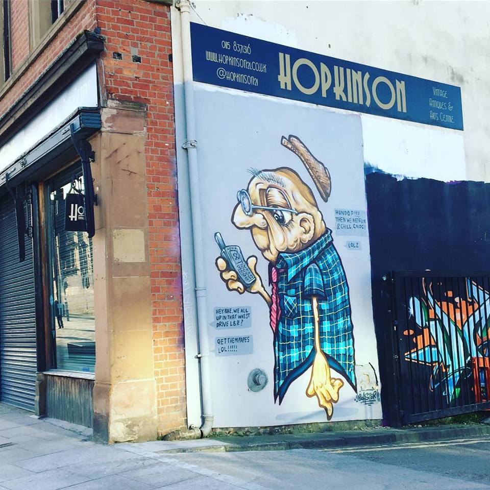 WeAreHullabaloo's tweet photo. A sunny evening in Nottingham yesterday... always full of creativity ✨♥️☀️@hopkinson21 #Thursday #mural #wallart #art #artist #notts #trainstation #vintage #antiques #retro #shop #design #sunny #evening #sunset #branding #print #illustration #typography #photography #uk https://t.co/PrvICHWGr1