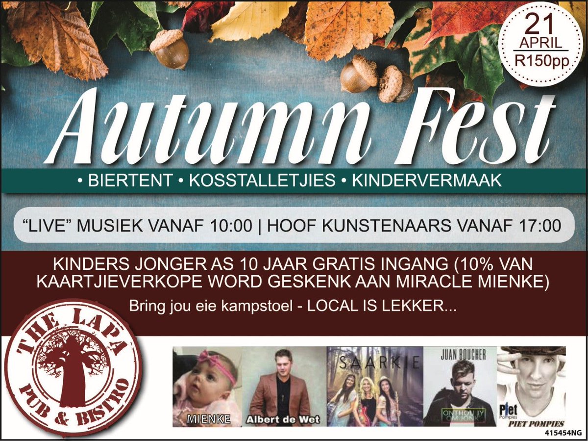 Kom ondersteun die #AutumnFest hierdie Saterdag by #TheLapa en geniet die Biertent, Kosstalletjies en Kindervermaak! | buff.ly/2J8nMow | #LowvelderEvents