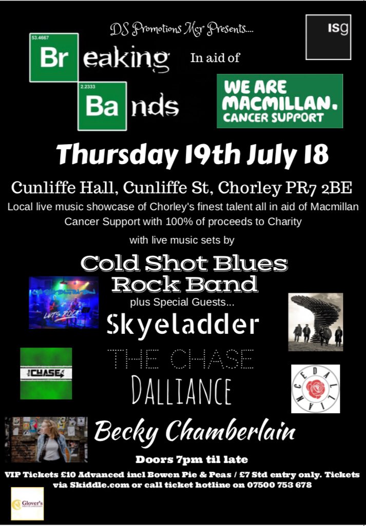 DSPromotionsMcr's tweet image. Final Line up announcement for Breaking Bands for @macmillancancer Thursday 19 July @cunliffehall #chorley @ColdShotBRB @skyeladder @The_ChaseMcr @_dallianceband_ @beckforddd tickets on sale now via @skiddle skiddle.com/e/13179276
