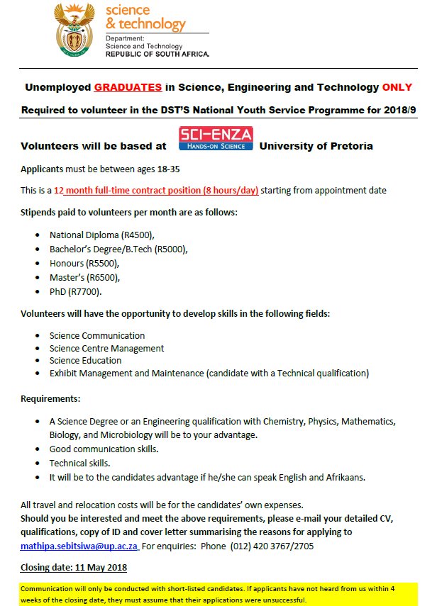SciEnzaCentre's tweet photo. WE ARE HIRING! #Science, #Engineering or #Technology Graduates > join Sci-Enza's fun and interactive science team where you will help create exciting science workshops and shows and make science accessible to all learners! Applications close 11 May 2018 #HandOnScience @UPTuks https://t.co/y0xtpk5o8N