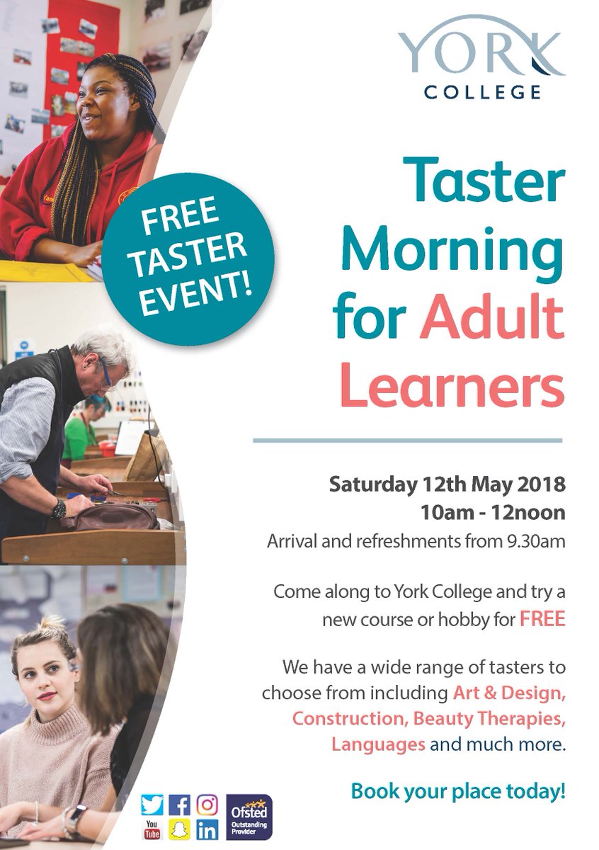 Come and join us on Saturday 12th May at 9.30am for a FREE Adult Learning Taster Morning!

Fancy learning a new skill? Want to brush up on your language skills for a holiday? Then join us at York College for a free 2 hour taster session.

More info: goo.gl/t6n23Q