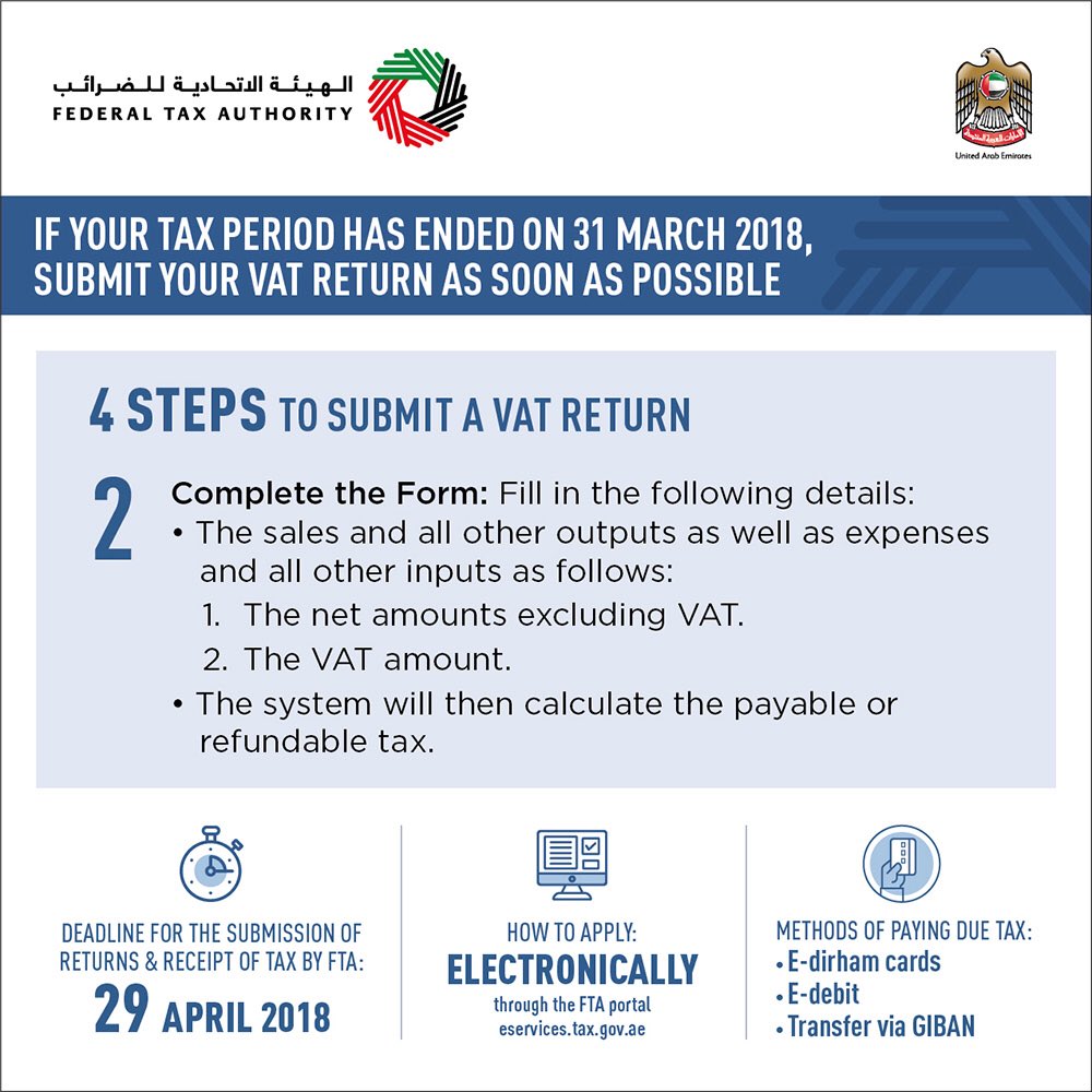 uaetax's tweet photo. #FilingReturnsIn4Steps
Your tax obligations before April 29, 2018 if you’re registered for #VATUAE
1. check your tax periods and filing returns deadlines.
2. Submit your tax returns between 1 & 29 April if your tax period ended in March 31.
3. Pay due taxes before 29 April. https://t.co/IkTYg92gKr