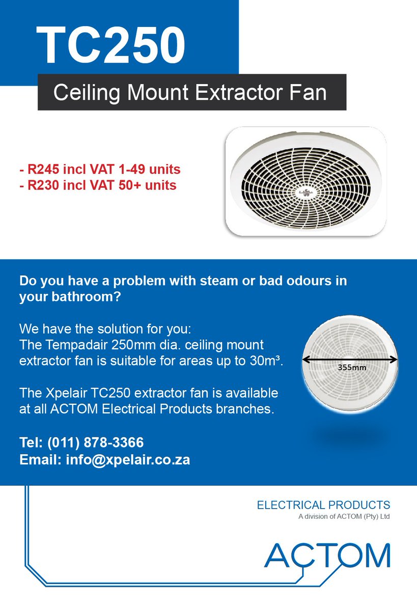 ACTOM_EP's tweet photo. TC250 Ceiling Mount Extractor Fan

-www.actomep.co.za #ACTOM #ACTOM_Electrical_Products #Distributors_of_electrical_equipment #Lighting #power_cables #distribution_transformers #Electrical_accessories #Products https://t.co/qQoIfDKmtN