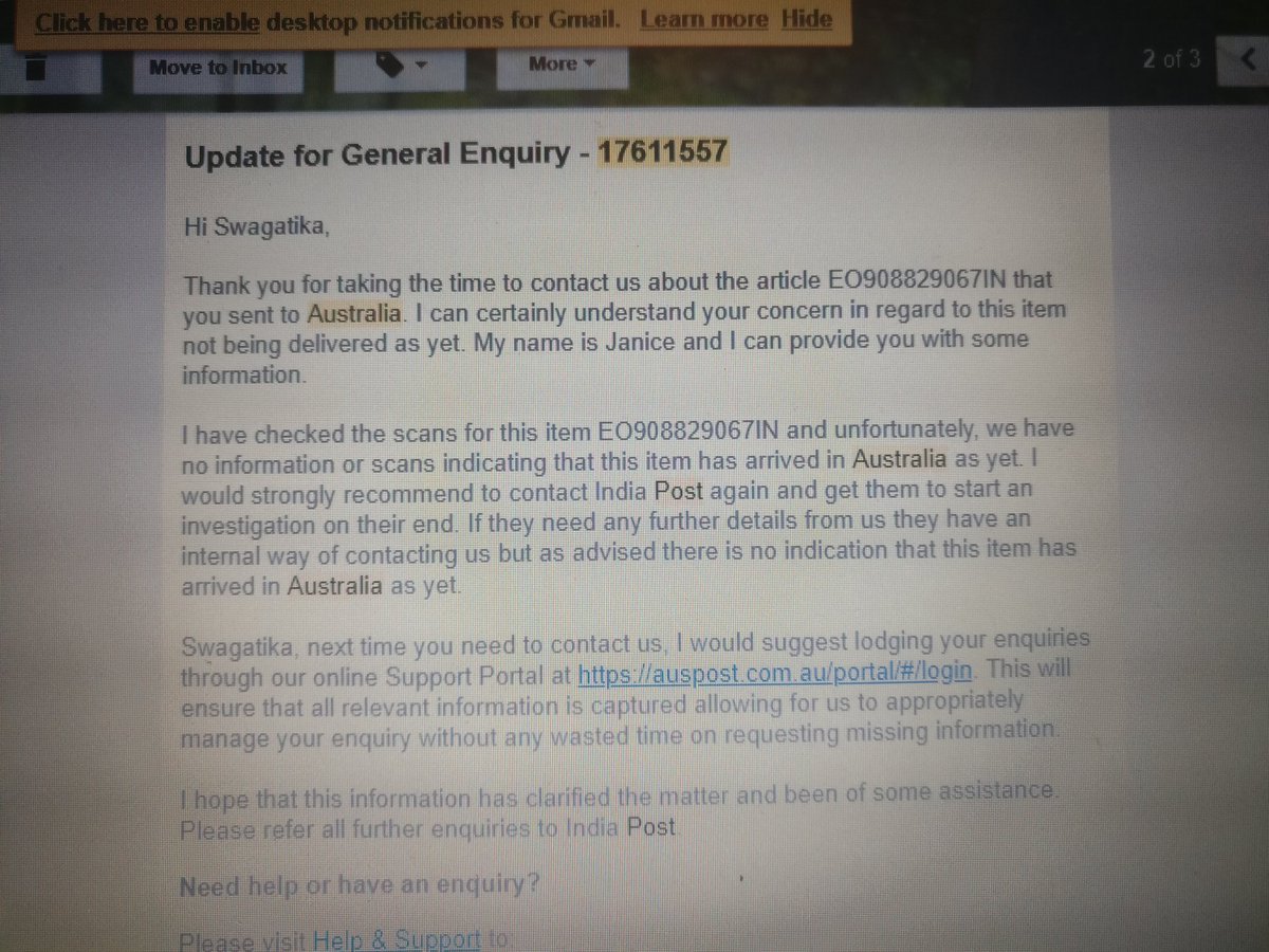 Swagatikaa's tweet photo. @cpmgwbengal I don't understand. Australia post has clearly said they haven't scanned any item with the tracking number and any update/enquiry on this will have to be given by the sender. Please find the response from them below. https://t.co/EengHQkukm