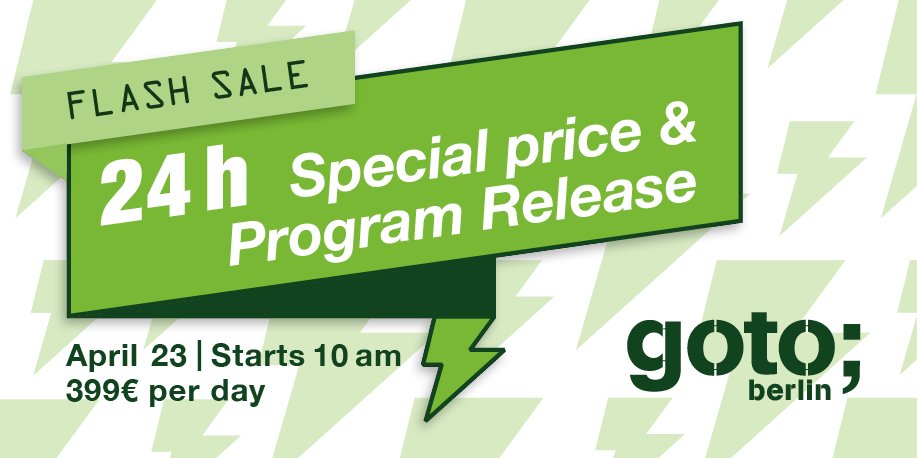 Mark your calendars for #GOTOber's program release + 24-hour Flash Sale! ⚡️ ⚡️ ⚡️ ⚡️ ⚡️ ⚡️ ⚡️ Starting April 23, 10AM you will have 24h to pick up your tickets with a HUGE €250 per day discount! You don't want to miss out on this one! gotober.com