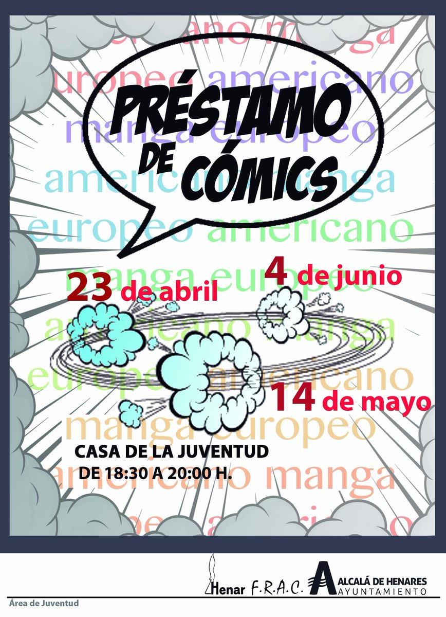 23 de abril "DÍA DEL LIBRO" actividad de PRÉSTAMO DE CÓMICS EN LA JUVE, puedes venir y leer en casa tus cómics favoritos. Os esperamos de 18:00 a 20:30. <a href="/AHJuventud/">Juventud e Infancia</a> <a href="/AytoAlcalaH/">Ayuntamiento de Alcalá de Henares</a>