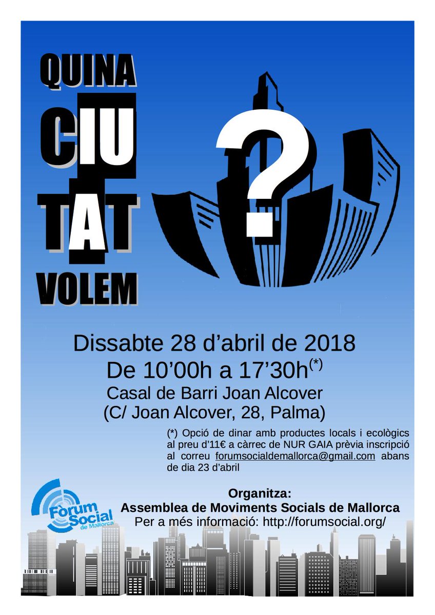 GOBMallorca's tweet photo. Jornada sobre el tema: Quina ciutat volem? #Palma
🗓️Dissabte 28 abril
⌚️De 10 a 17.30 h
📍Casal de barri Joan Alcover https://t.co/4TE6JVLS3R