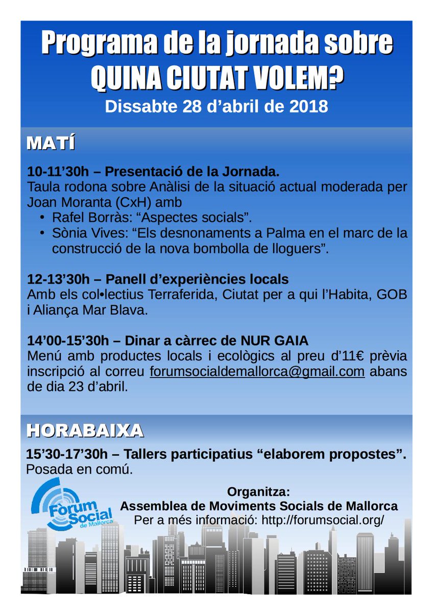 GOBMallorca's tweet photo. Jornada sobre el tema: Quina ciutat volem? #Palma
🗓️Dissabte 28 abril
⌚️De 10 a 17.30 h
📍Casal de barri Joan Alcover https://t.co/4TE6JVLS3R