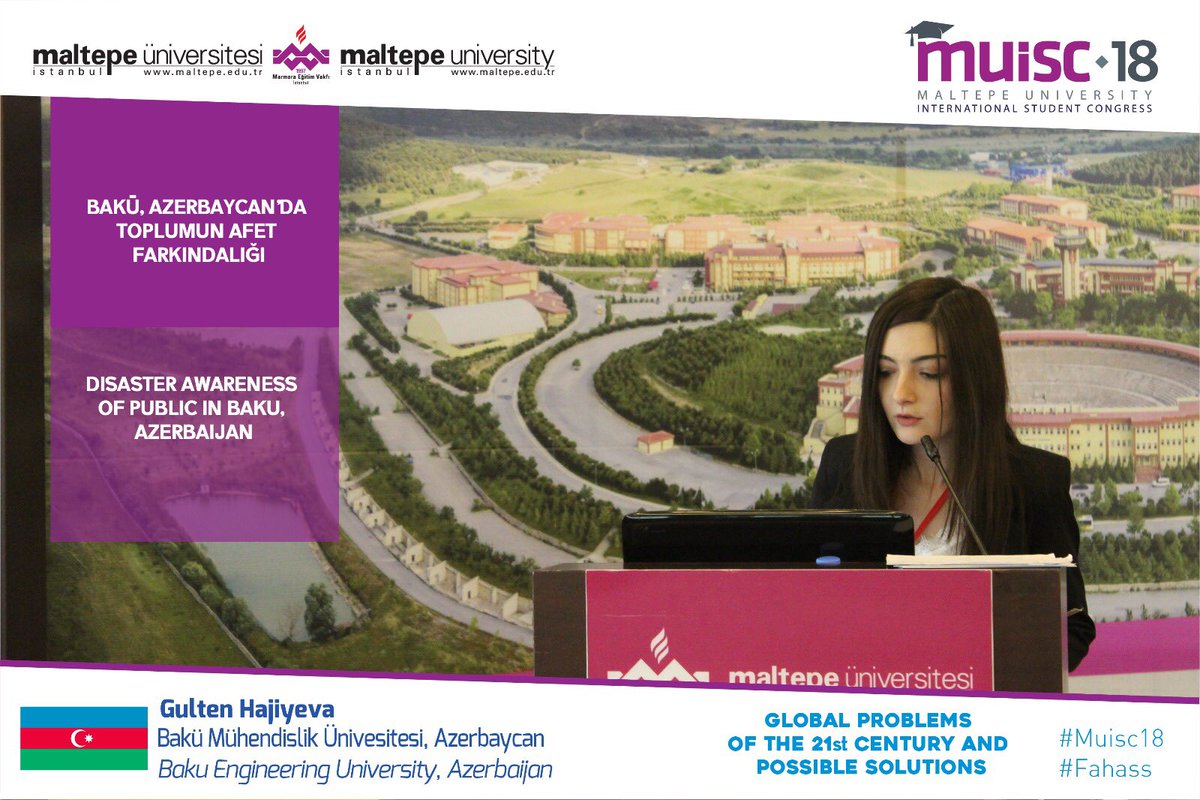 muiscofficial's tweet photo. 🇦🇿Bakü Mühendislik Üniversitesinden Gulten Hajiyeva"Bakü, Azerbaycan'da Toplumun Afet Farkındalığı" konulu sunumunu gerçekleştiriyor. #Muisc18 #Fahass #maltepeuniversity https://t.co/gpSXaKUyjZ