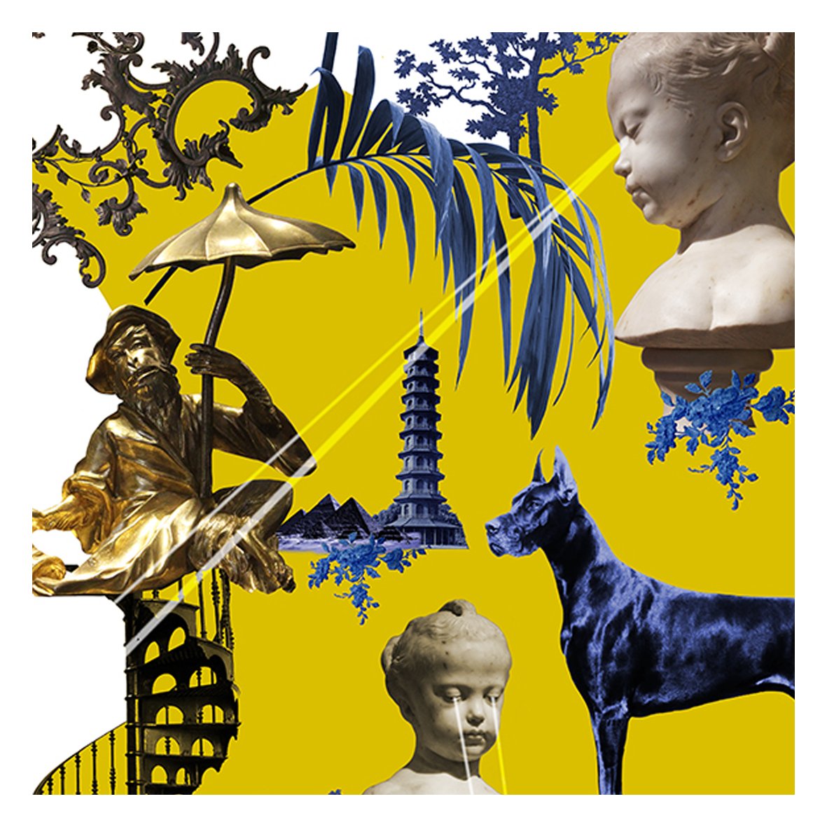 KlementsLtd's tweet photo. #Noplacelikehome Print - #gold #monkey #statues at the top of #spiralstaircases and Child busts with lasers for eyes. Welcome to the world of #klements !! #surreal #otherworldly #prints https://t.co/RWEtiyV2lv