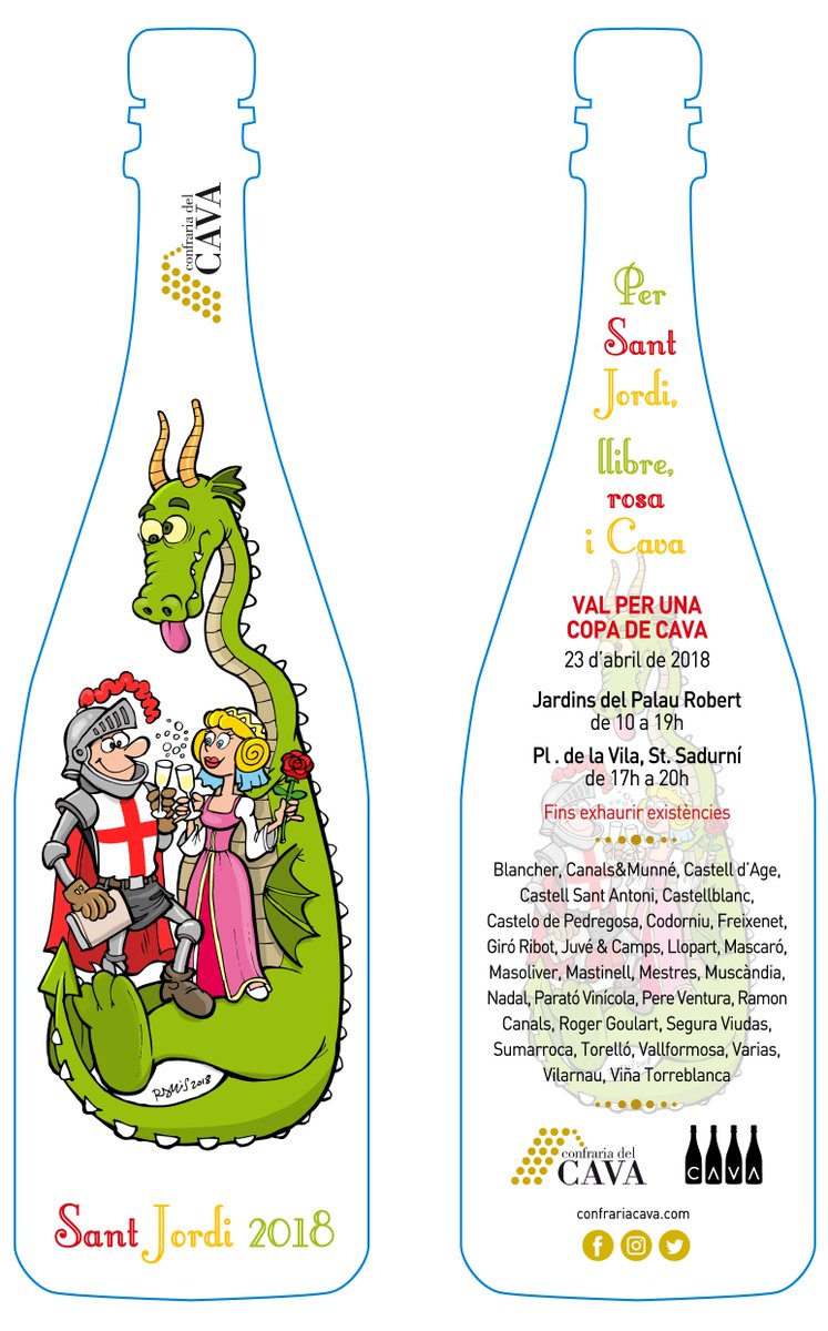 Gràcies a <a href="/DO_Cava/">D.O. Cava</a> per fer possible la campanya "Per #SantJordi: #llibre, #rosa i #cava" i a les 28 fantàstiques #caves col·laboradores!  Enguany la divertida imatge de la campanya és obra de ll'il·lustrador de còmics Juan Carlos Ramis: