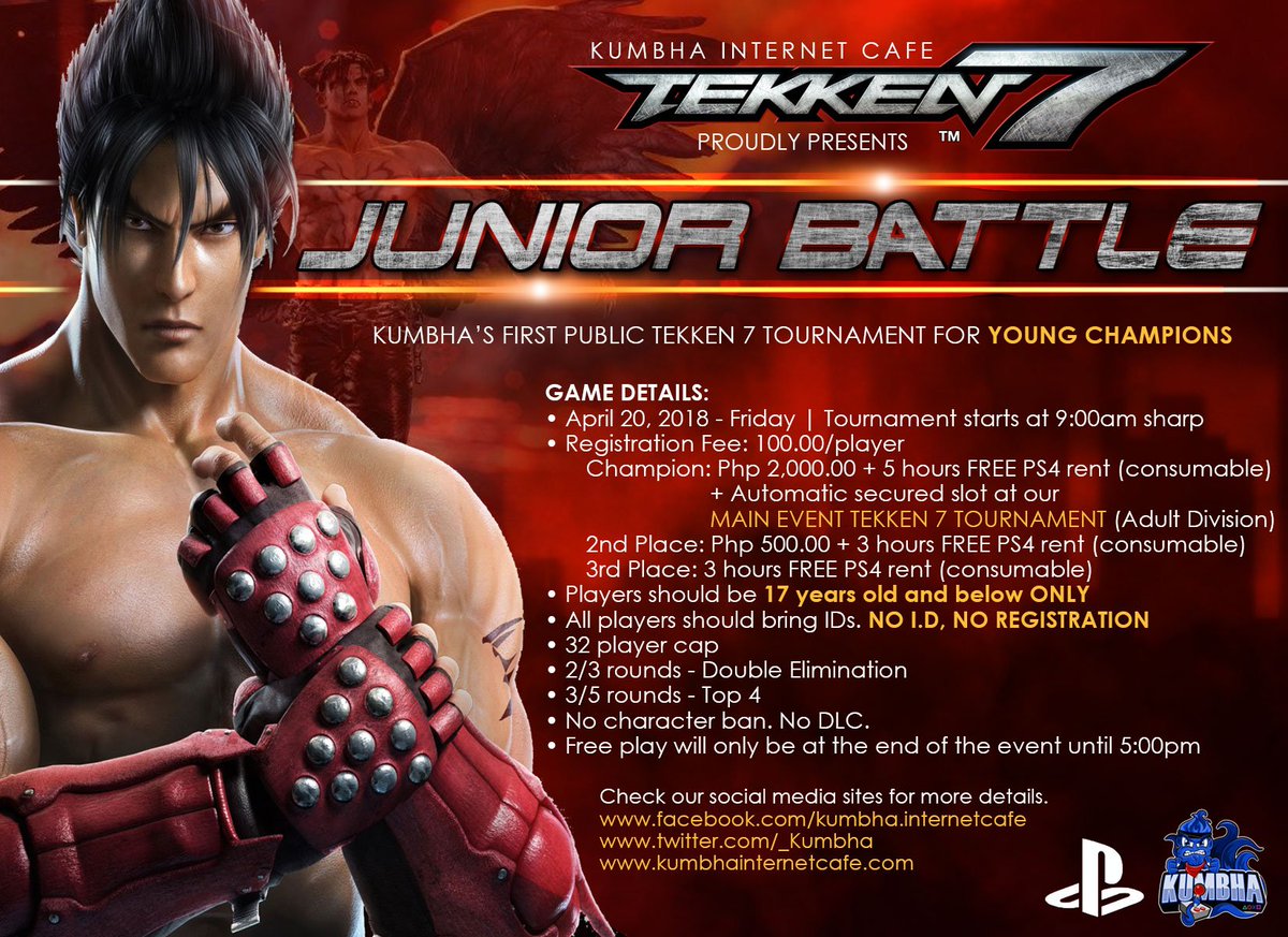 _Kumbha's tweet photo. Kumbha Internet Cafe's 1st TEKKEN 7 Junior Battle - Imus Cavite
APRIL 20, 2018 (Friday) | 9:00am
CHAMPION: Php 2,000.00
2nd: Php 500.00
3rd: 3hours FREE PS4 rent

Check our FB Fanpage for more details
https://t.co/YzK1HowBQl … …
#TEKKEN7 #TEKKEN7PH #TEKKEN7Philippines #PS4 https://t.co/wvisvwDjMm