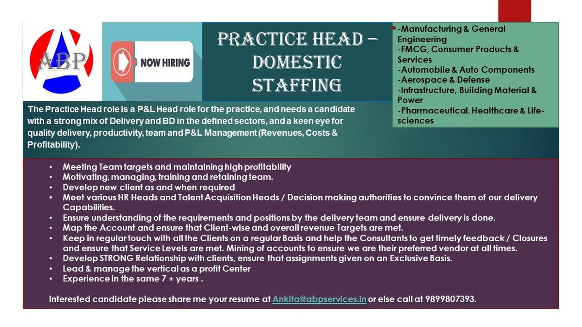 abp_services's tweet photo. .@abp_services is #hiring for #PracticeHead #DomesticStaffing for various domains.
Location: #Noida
Please find the relevant details in the image below.
Interested candidates can share your resume at ankita@abpservices.in
#ABPManagementServices #jobsinnoida #ABPHiring https://t.co/Yv8RqCmcuU