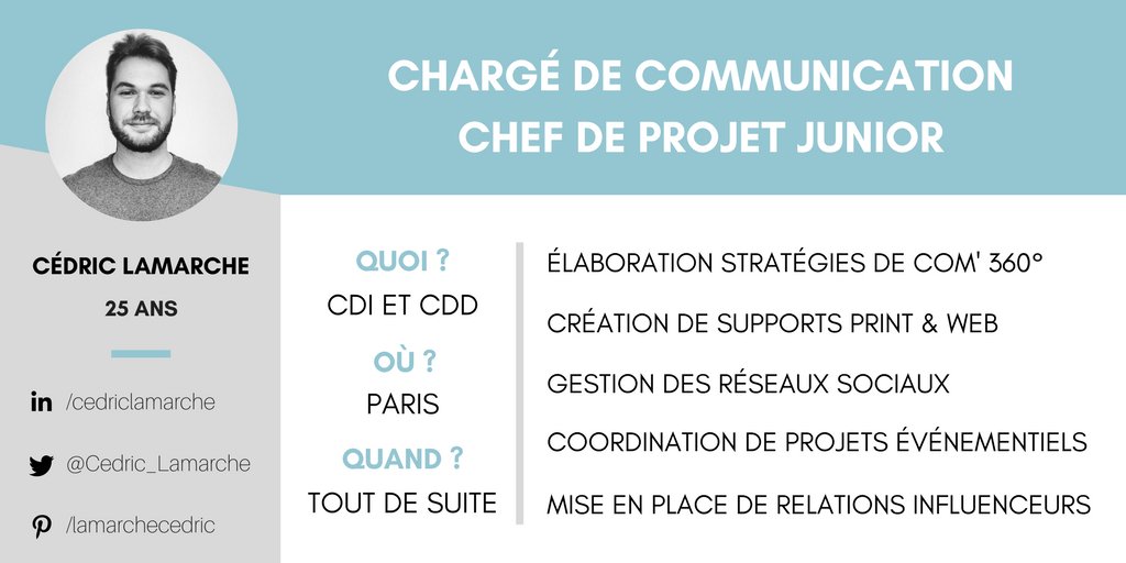 Cedric_Lamarche's tweet photo. Hello Twitter 👋🏻

Je cherche un poste de #ChargédeCommunication ou #ChefdeProjetJunior ! 

🗓️ Disponible tout de suite
📄 CDI et CDD
📍 #Paris
📲 LinkedIn > https://t.co/gKXr2zBEnF 

#pleaseRT #i4emploiR #i4emploi #emploi https://t.co/YqfPQydQw1