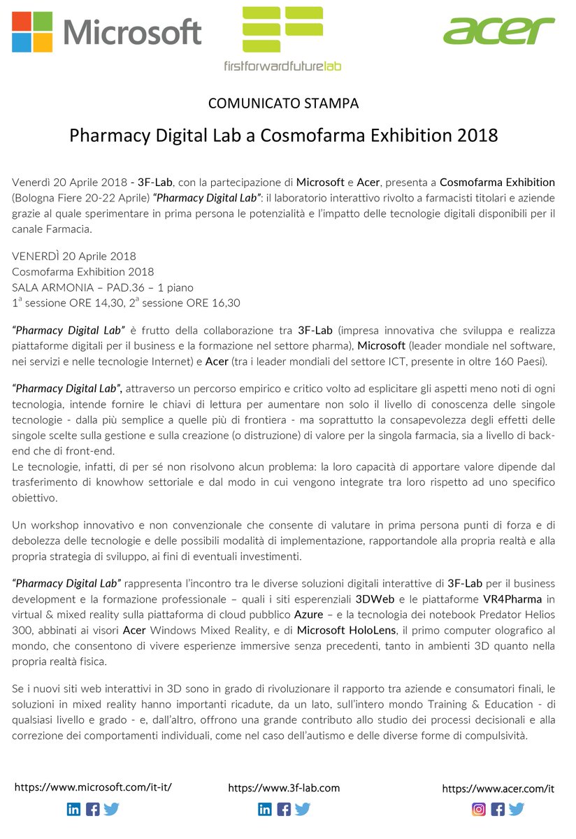 3f_lab's tweet photo. Ci vediamo domani a @Cosmofarma 2018!
3F-Lab, @MicrosoftItalia e @AcerItalia vi aspettano per presentare Pharmacy Digital Lab: focus su rivoluzione digitale nel canale Farmacia.
@BolognaFiere | SALA ARMONIA | PAD.36 | https://t.co/vhk4ZaYWkT
#BusinessSolutionsInMixedReality https://t.co/Ry0xtxqABV