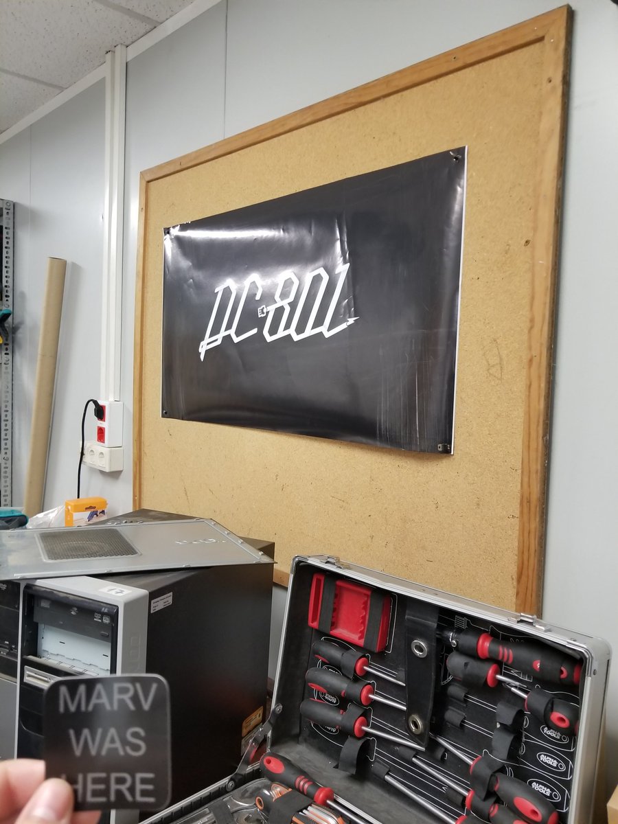 Pips801's tweet photo. At the University of Girona's hackerspace! @UdGeeks has a great space, complete with a 3D printer, password cracking rig, and hundreds of #marvwashere stickers. Good to see @dc801 has a poster :D https://t.co/7xS6U4kDoF