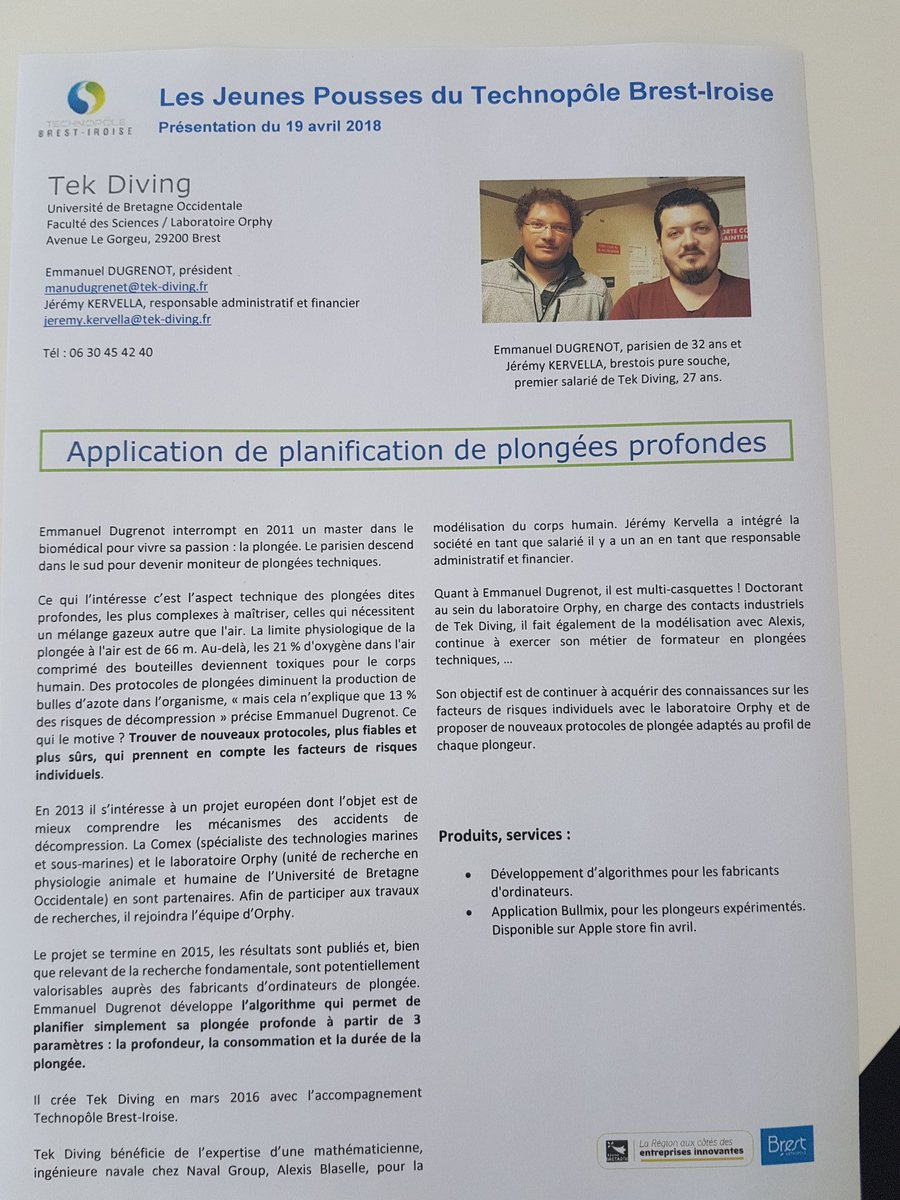 Brest_Iroise's tweet image. Présentation des jeunes pousses du Technopôle #BrestIroise
Tek Diving développe une application de planification de plongées profondes, Bullmix. Ils développent des #algorithmes pour les fabricants d'ordinateurs de plongées.