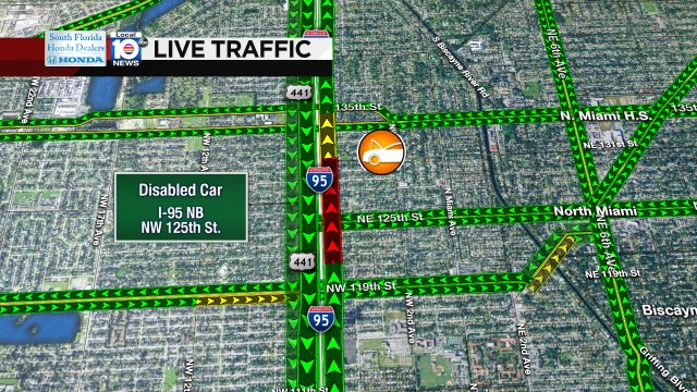 DISABLED CAR: I-95 NB & NW 125th St. Several lanes are closed and delays are building. #TRAFFIC #MIAMI https://t.co/69zGBgCovZ