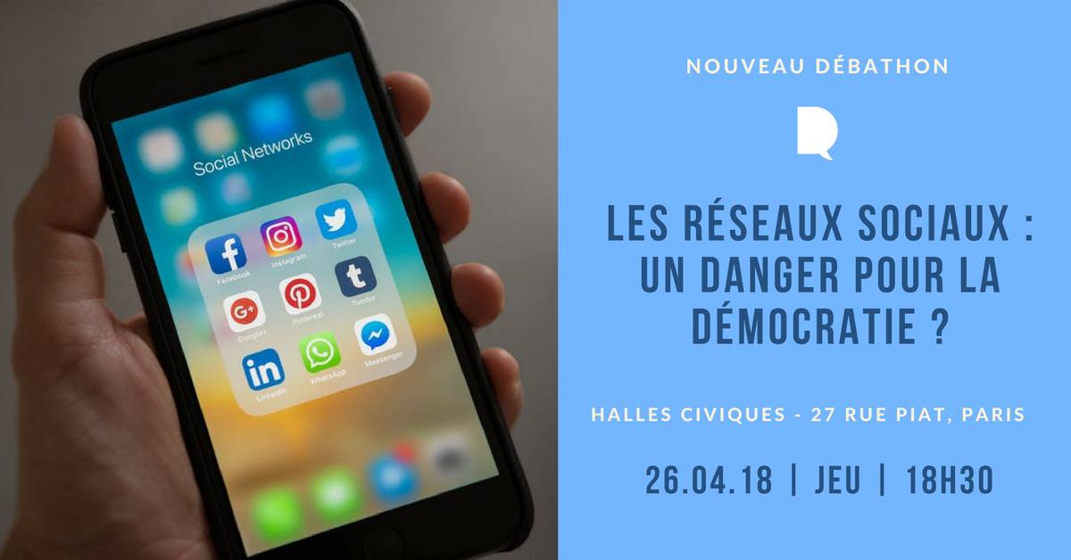 Réseaux sociaux, dangereux pour la démocratie ? <a href="/LeDrenche/">Le Drenche</a> organise jeudi 26 avril aux <a href="/halles_civiques/">Les Halles Civiques</a> à 18h30 un nouveau #débathon. Inscriptions obligatoires ici (attention il n'y a que 20 places !) >> kawaa.co/fr/rencontre/6…